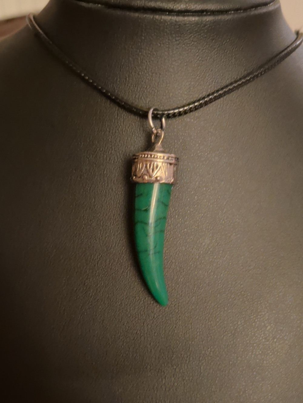 Green Turquoise Horn Silver Tone Cap Pendant On Black Cord. New